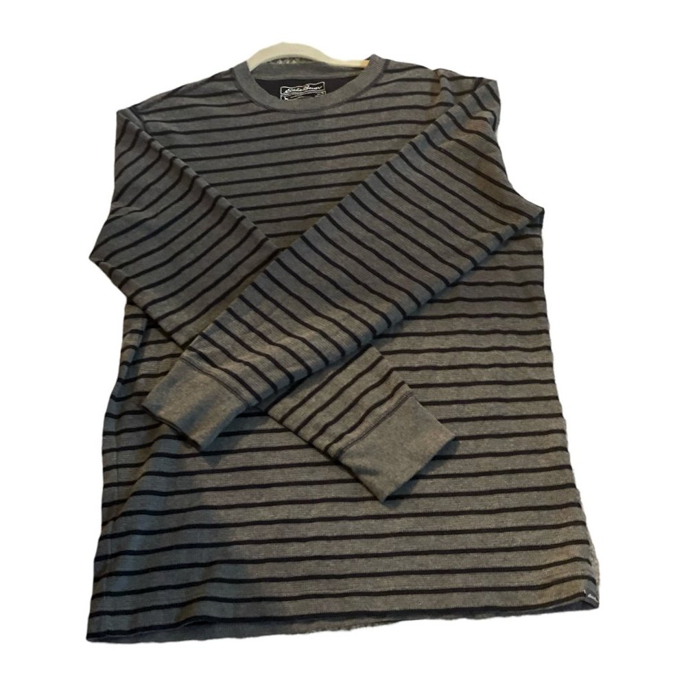 Eldie Bauer Men's Sweater size Large. Dark Gray and black Stripes.  Pre-owned